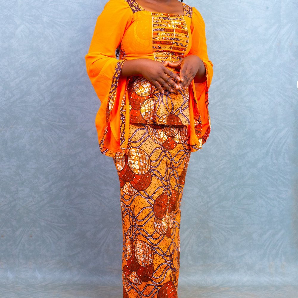 orange luxurious african print truffle sleeves top and straight maxi skirt ngoun